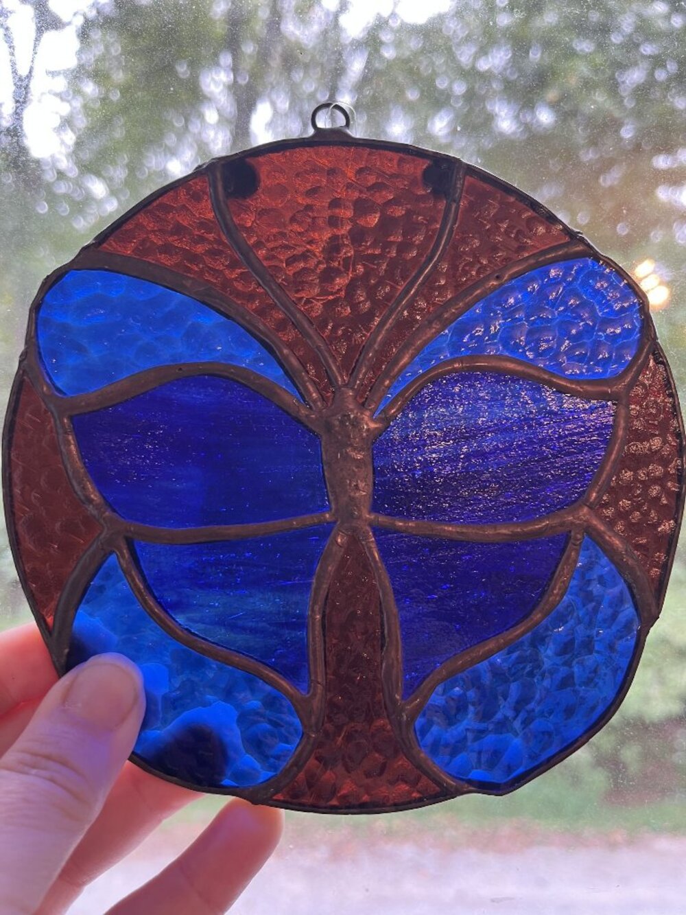 Stained Glass Butterfly Round Suncatcher With Blue & Brown Panels 6-Inch Diamete